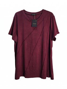 NWT | LUXVEER Burgundy Asymmetrical Pintuck Pleat Top Short Sleeve | 3XL